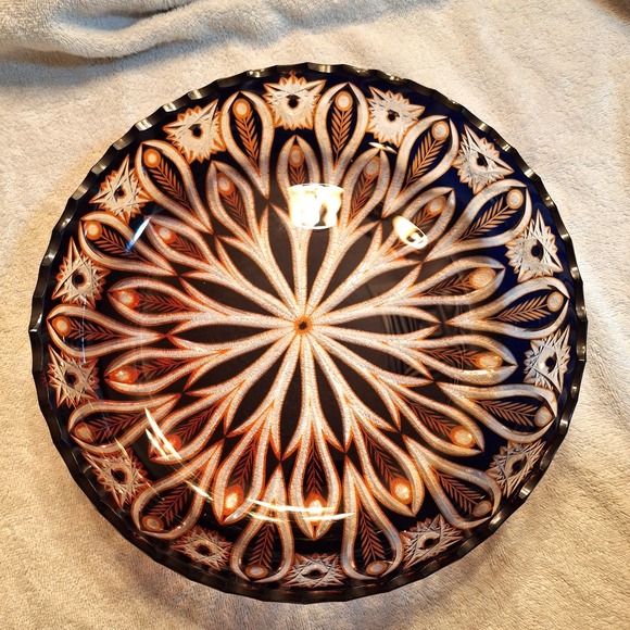 Vintage Czech Bohemian Cut to Clear 12.5" Bowl Feather Pattern Brown Orange - Picture 3 of 16